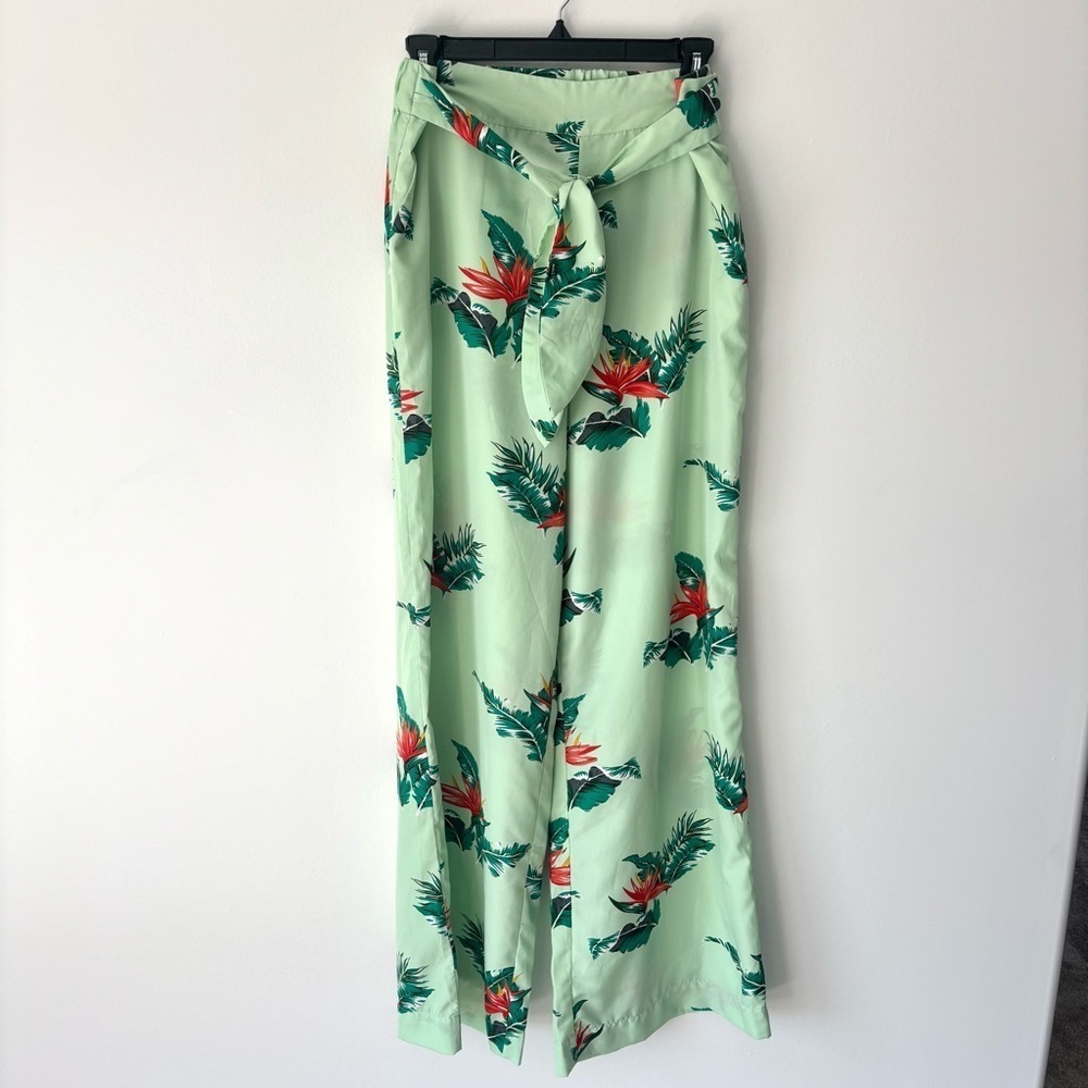 Mango Green Red Floral Pant Wide Leg Satin Flowy Tropical Boho Leaf Resort Wear